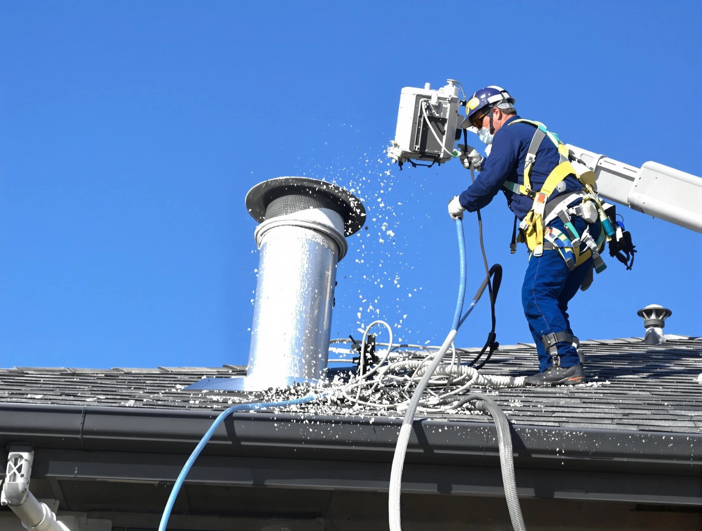 Plum Dryer Vent Cleaning certified technician safely cleaning a roof-mounted dryer vent in Plum