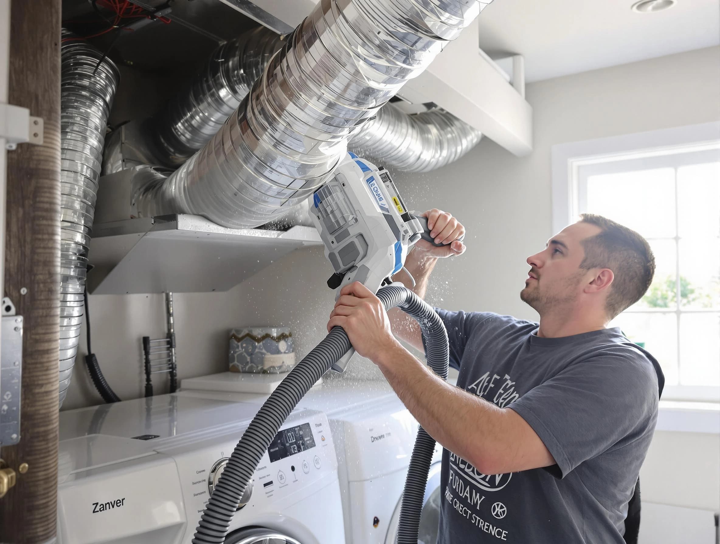 Plum Dryer Vent Cleaning specialist cleaning deep within a dryer vent duct system in Plum