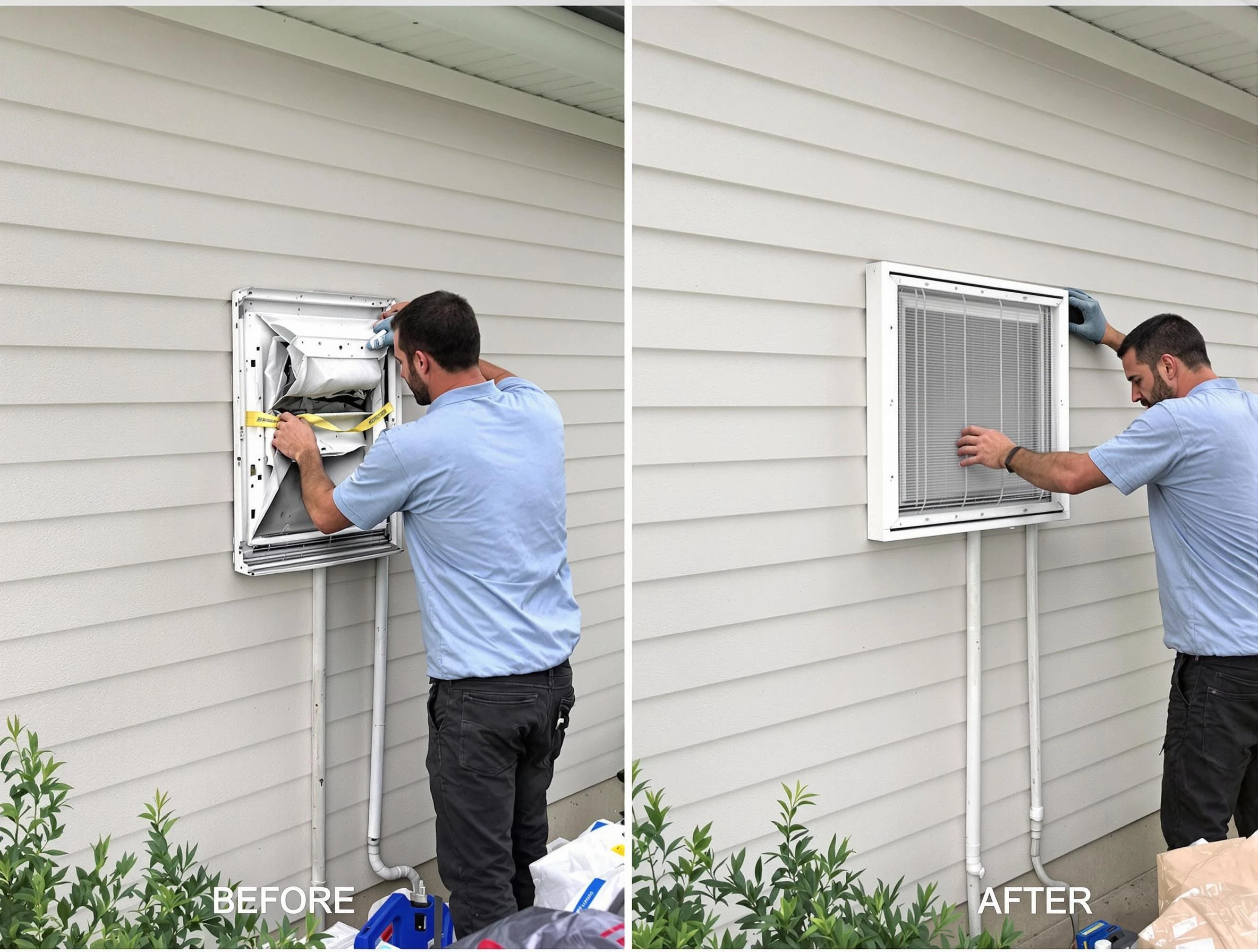 Plum Dryer Vent Cleaning technician installing high-quality dryer vent cover at a residential property in Plum